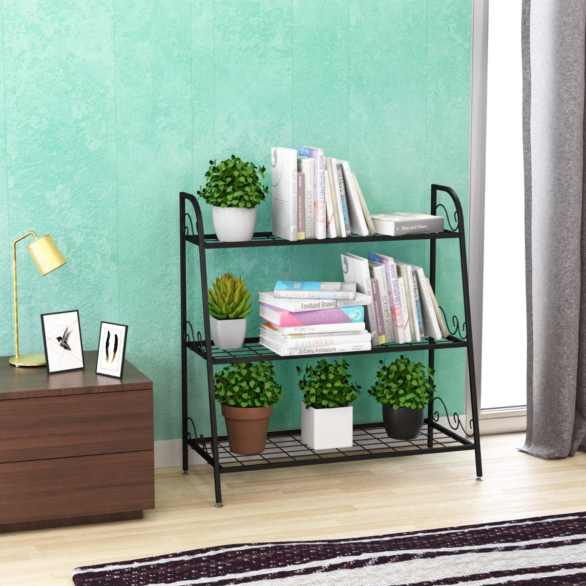 3-Tier Metal Plant Stand with Adjustable Feet for Indoor & Outdoor