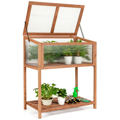 Outdoor Wooden Cold Frame with Slatted Shelf and Tilted Top Cover