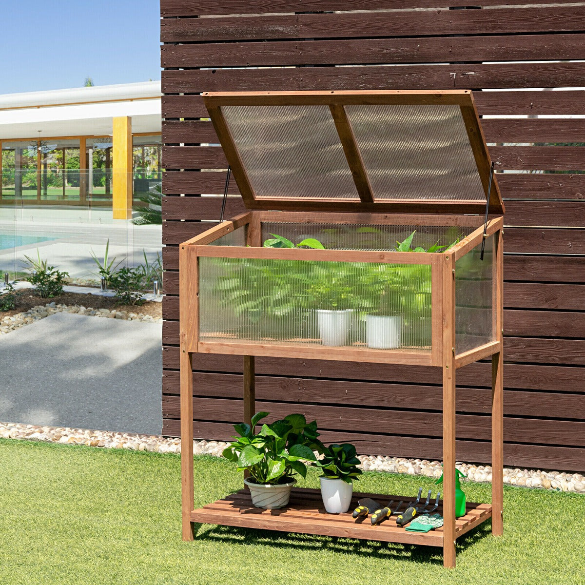 Outdoor Wooden Cold Frame with Slatted Shelf and Tilted Top Cover