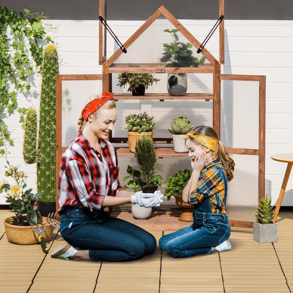 Cold Frame Mini Wooden Greenhouse with Transparent Openable Roof