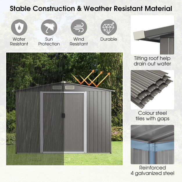 Galvanized steel tool shed with foundation & double doors & ramp 260 x 207 x 180 cm grey
