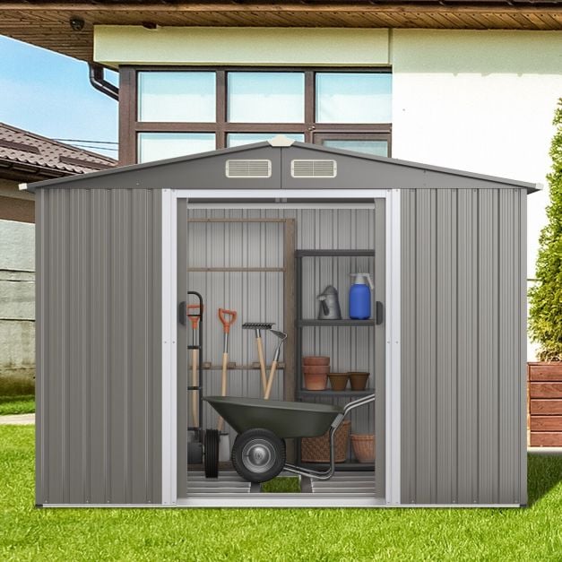 Galvanized steel tool shed with foundation & double doors & ramp 260 x 207 x 180 cm grey