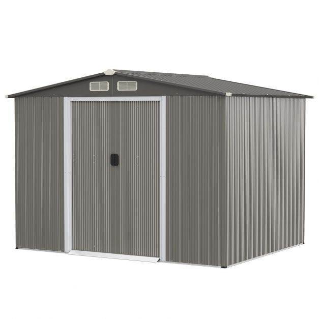 Galvanized steel tool shed with foundation & double doors & ramp 260 x 207 x 180 cm grey