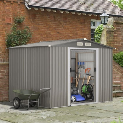 Galvanized steel tool shed with foundation & double doors & ramp 260 x 207 x 180 cm grey