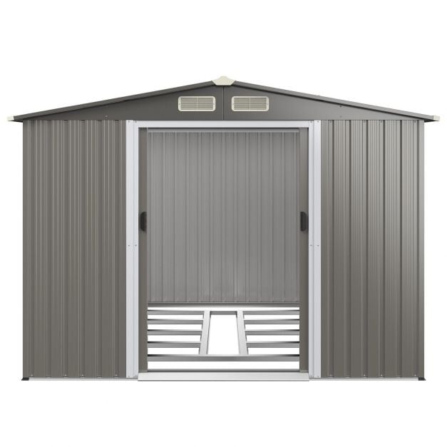 Galvanized steel tool shed with foundation & double doors & ramp 260 x 207 x 180 cm grey