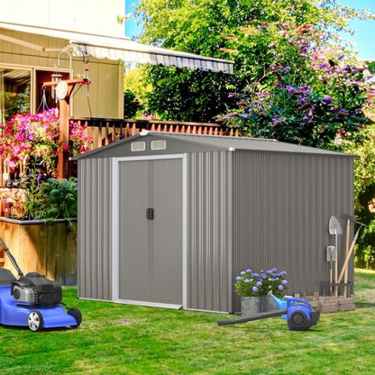 Galvanized steel tool shed with foundation & double doors & ramp 260 x 207 x 180 cm grey