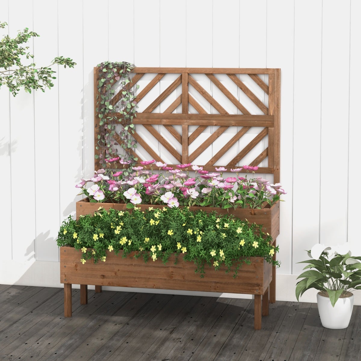 2-Tier Raised Garden Bed with Trellis and Drainage Hole-Brown