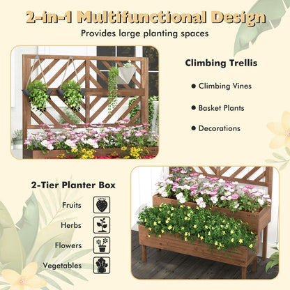 2-Tier Raised Garden Bed with Trellis and Drainage Hole-Brown