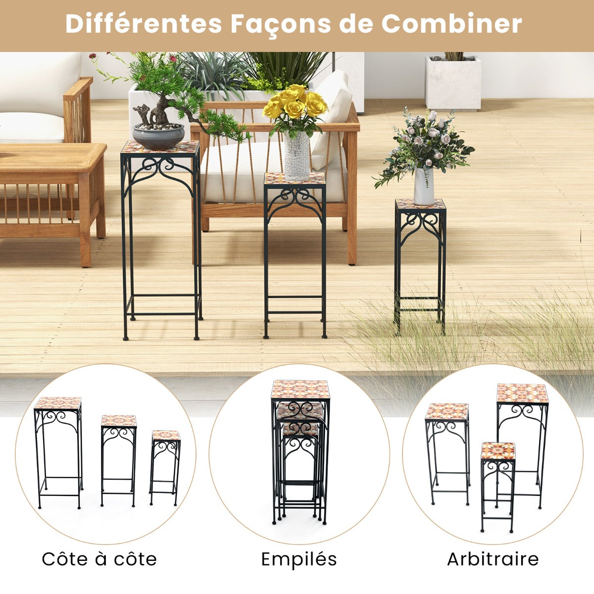 Metal Plant Stand Set of 3 with Mosaic Tile-Yellow