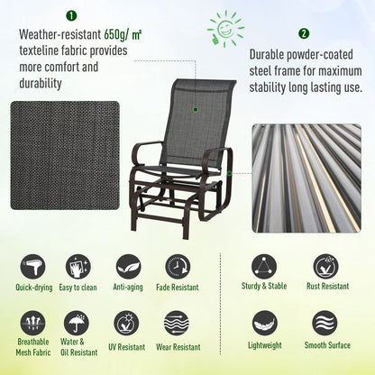 Outsunny 3 Pieces Garden Gliding Chair Set, Metal Frame 2 Single Armchair Swing Seater and 1 Glass Top Coffee Table w/ Breath Mesh Fabric Seat, Brown