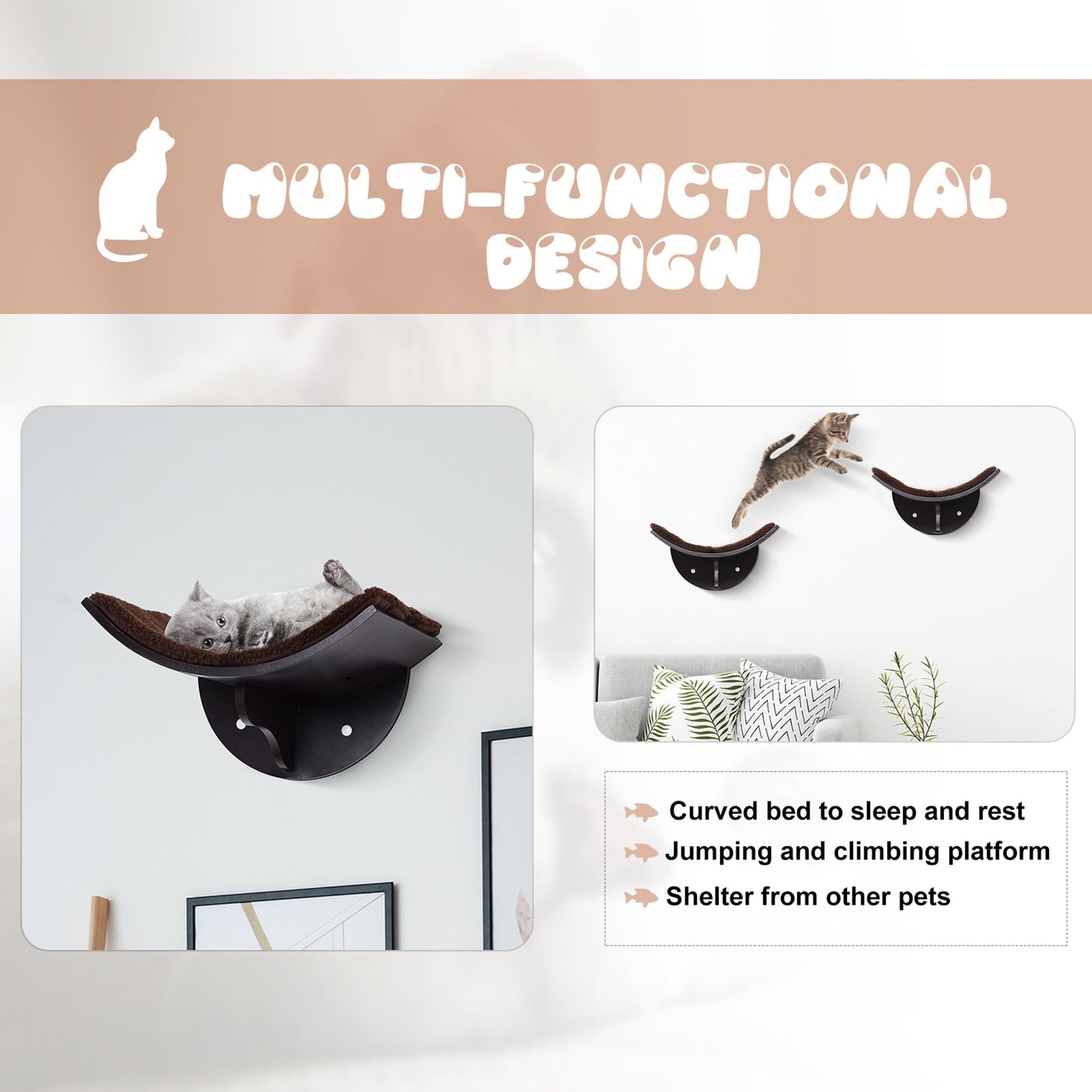PawHut Wood Cat Shelves, Wall-Mounted Cat Shelter, Curved Kitten Bed Perch Climber Furniture 41 x 28 x 21cm Brown
