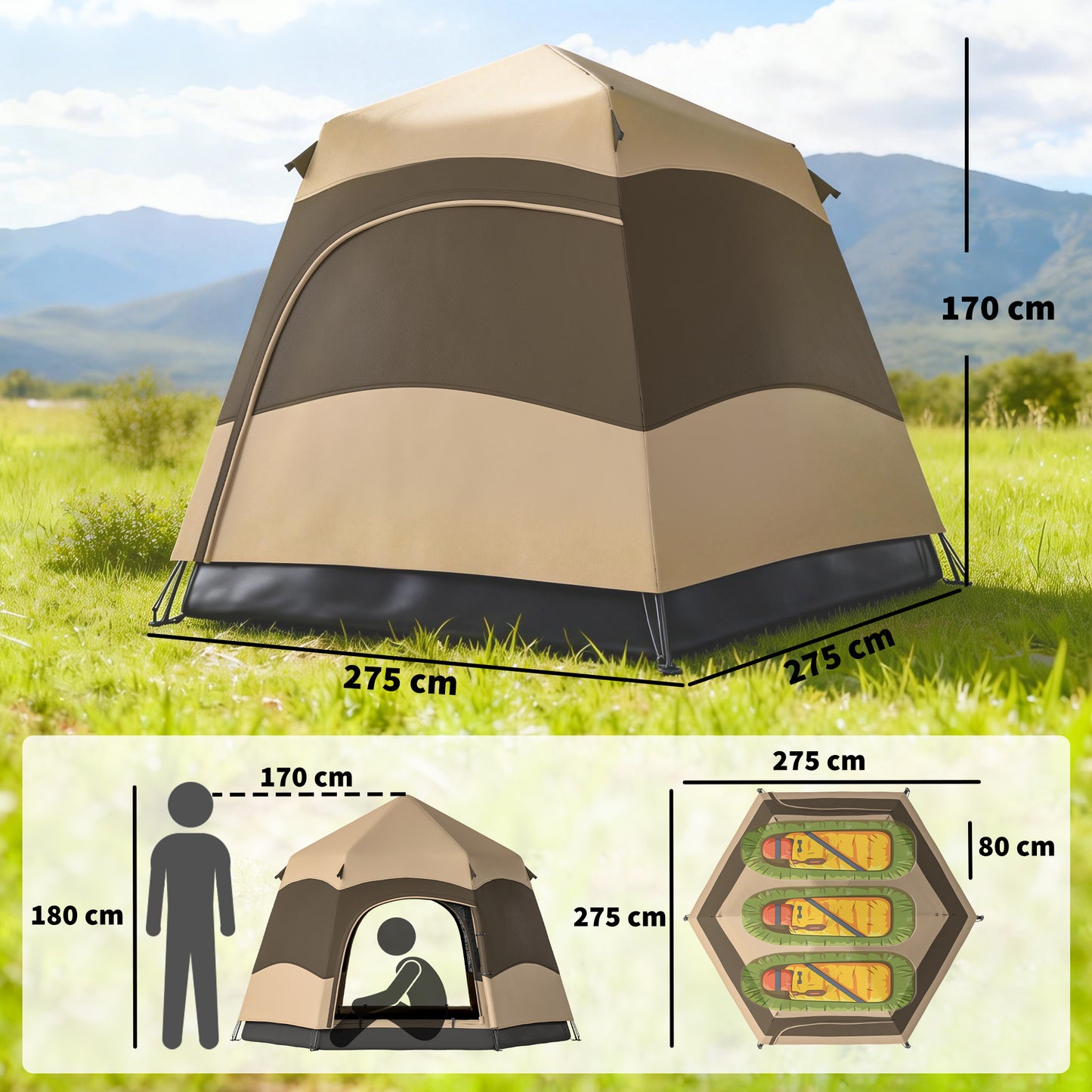 Outsunny Double Layer Instant Pop Up Tent with Rainfly, Portable Camping Shelter with Sewn-in Groundsheet and Carry Bag, Brown