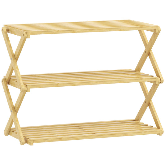 HOMCOM Three-Tier Folding Bamboo Shoe Rack - Natural Finish