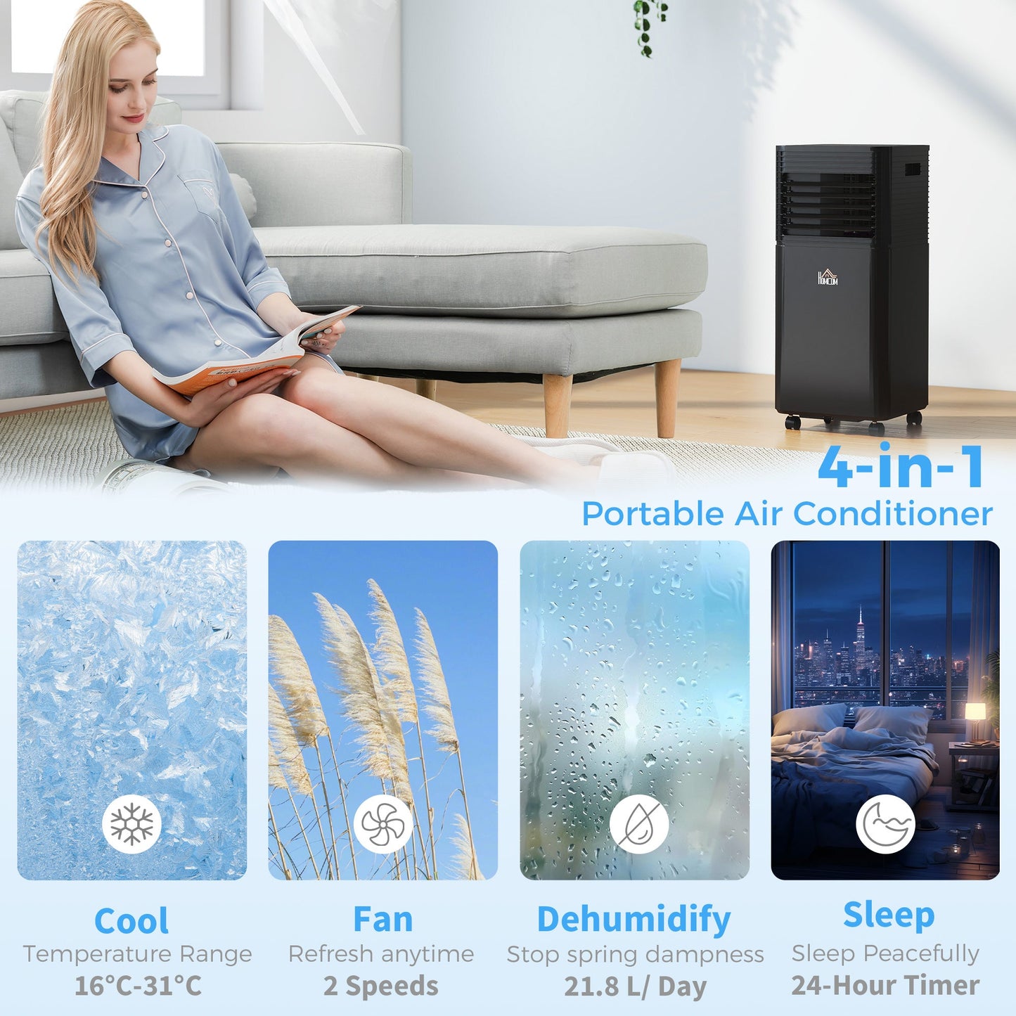 HOMCOM 8000 BTU 4-In-1 Portable Air Conditioner Unit Cooling Dehumidifying Ventilating for Room up to 27m√Ç¬≤, with Fan, Remote, 24H Timer, Window Mount Kit, R290, A Energy Efficiency