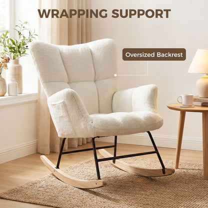 HOMCOM Rocking Chair, Teddy Fleece Rocker Chair with Tufted Wingback, Side Pockets, Rubber Wood Legs, Cream White