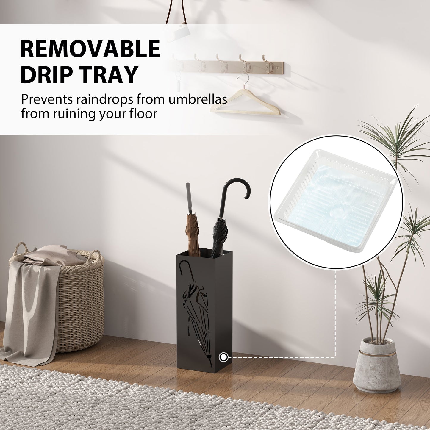 HOMCOM Metal Umbrella Stand, Square Umbrella Holder with 4 Hooks and Removable Drip Tray, Decorative Umbrella Storage Rack for Entryway, Hallway, 15.5 x 15.5 x 41 cm, Black