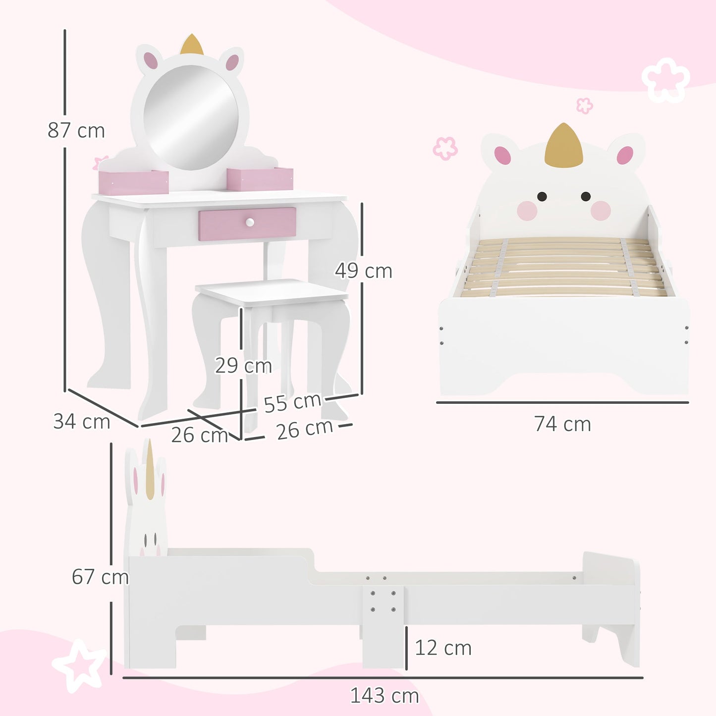 ZONEKIZ Kids Bedroom Furniture Set with Kids Dressing Table with Mirror and Stool, Toddler Bed Frame for 3-6 Years, Unicorn Design