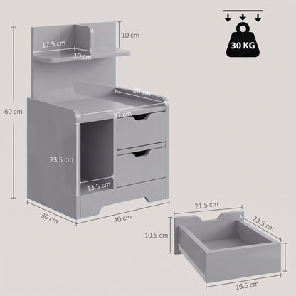 HOMCOM Bedside Table, Small Bedside Cabinet with 2 Drawers and Storage Shelves, Modern Nightstand for Bedroom, Grey