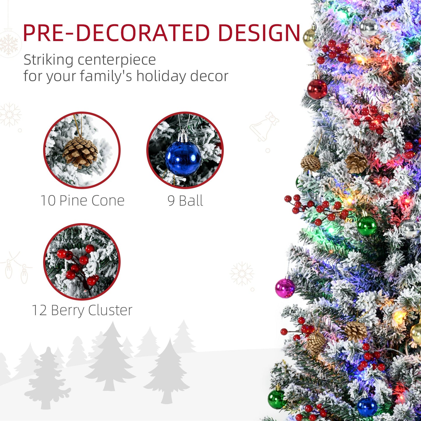 HOMCOM 6' Artificial Prelit Christmas Trees Holiday DÃ©cor with Colourful LED Lights, Flocked Tips, Berry, Pine Cone