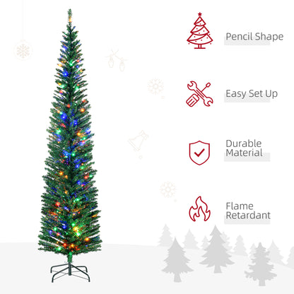 HOMCOM 7.5' Artificial Prelit Christmas Trees Holiday Décor with Colourful LED Lights, Pencil Shape, Steel Base