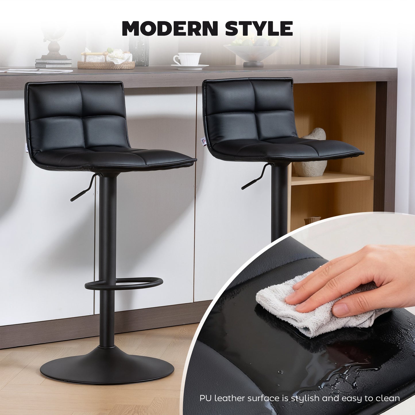 HOMCOM Set of Two Modern Faux Leather Bar Stools - Black