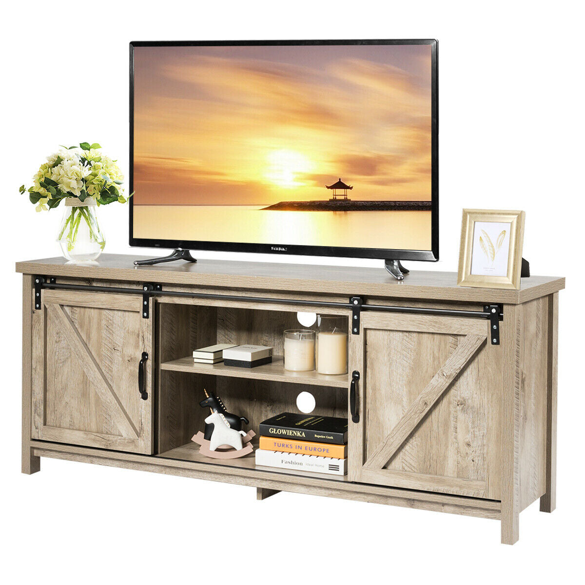 Wooden TV Stand for 65” Television with 2 Cabinets
