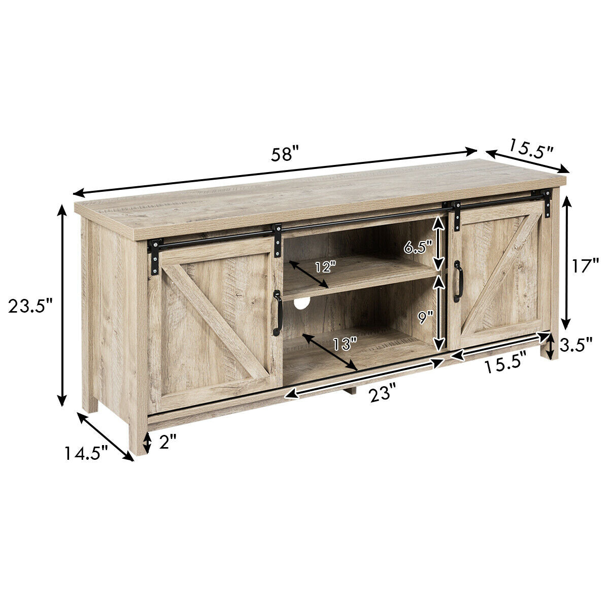 Wooden TV Stand for 65” Television with 2 Cabinets