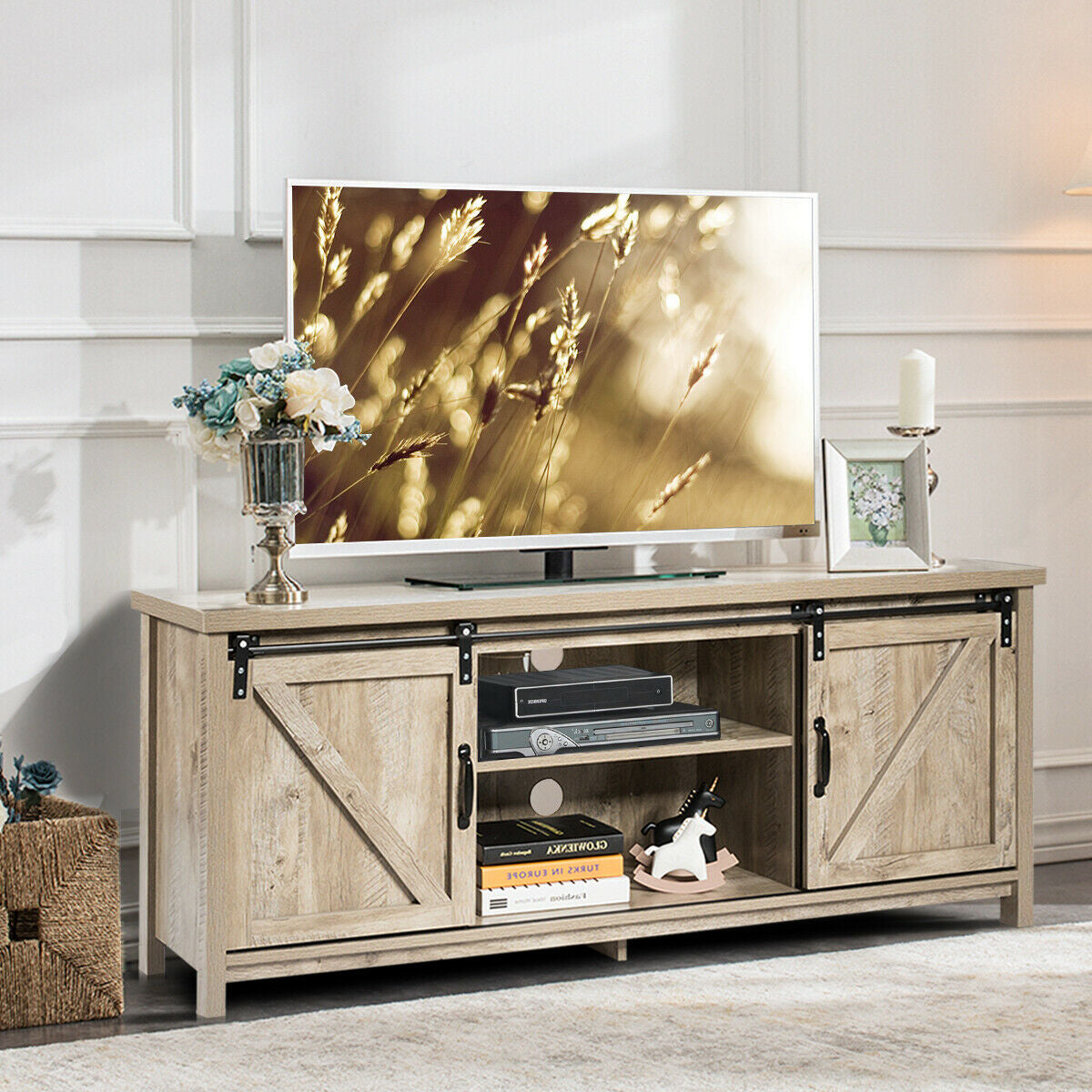 Wooden TV Stand for 65” Television with 2 Cabinets