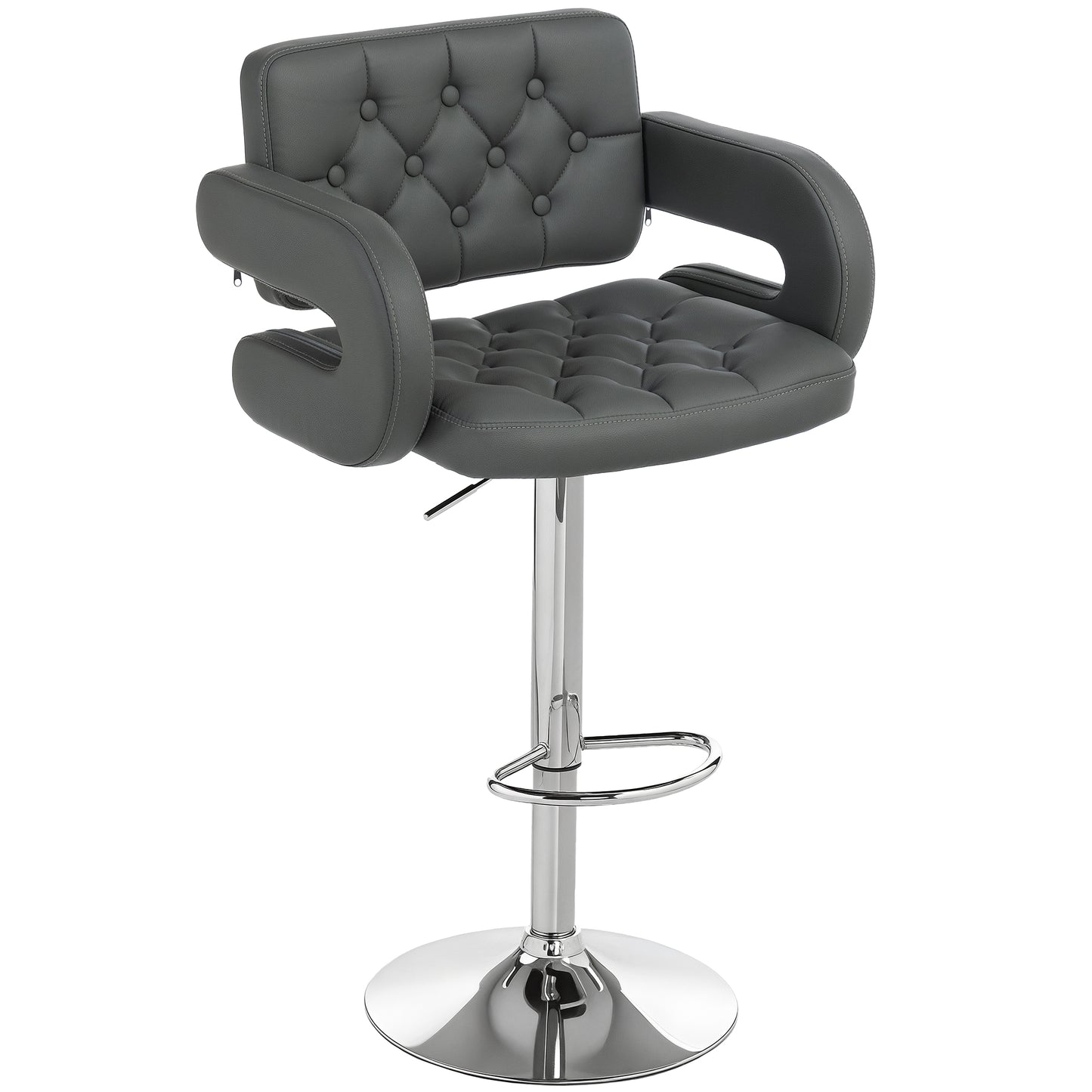 HOMCOM PU Leather Upholstered Swivel Bar Stool, Height Adjustable with Back, Armrest, Footrest, Grey