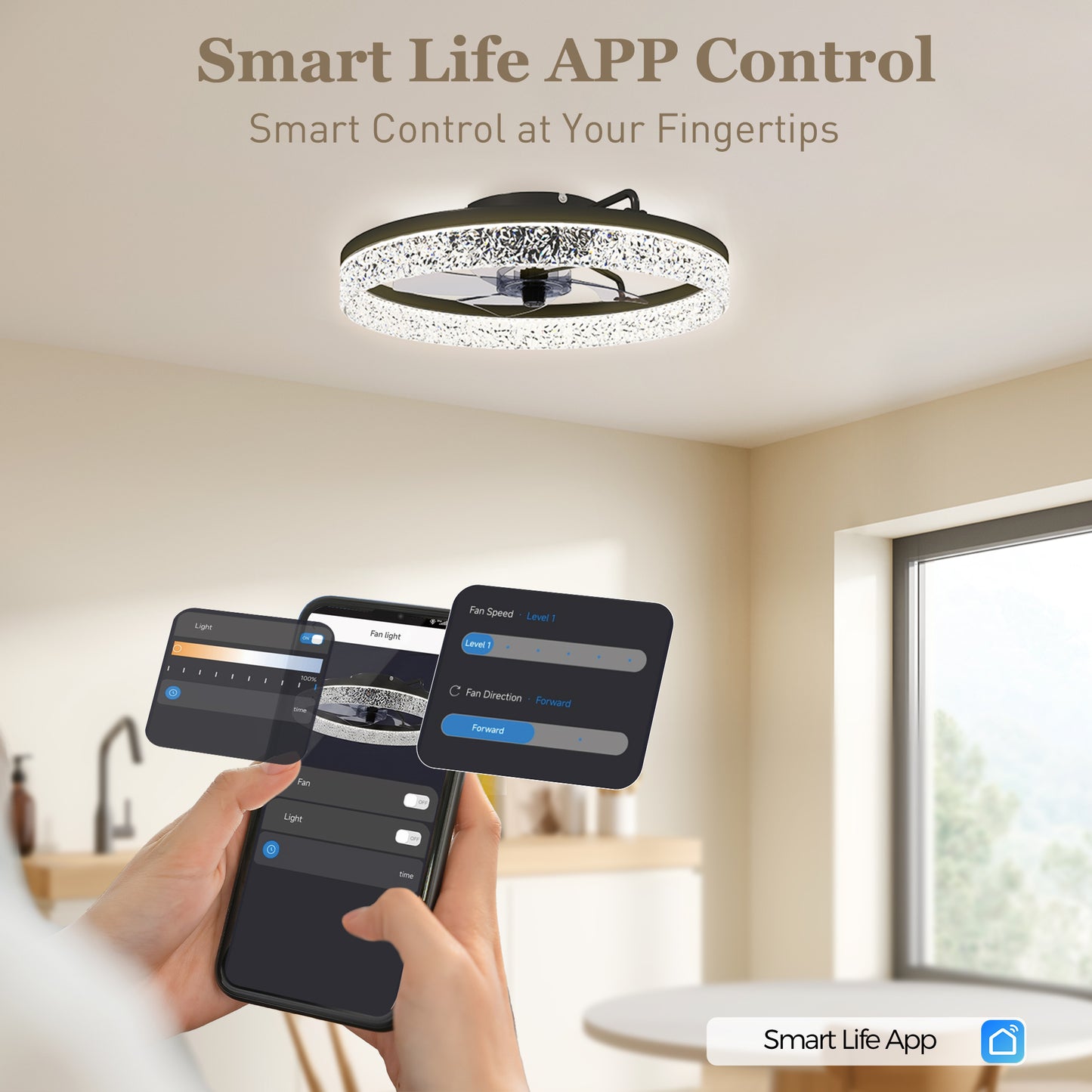 HOMCOM Ceiling Fan with Lights, Dimmable LED Mount Ceiling Fan Light with Remote App Control for Bedroom, Black