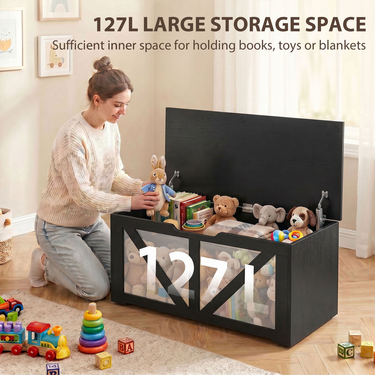 HOMCOM 127L Home Storage Box, with Safety Hinges - Black Wood-Effect
