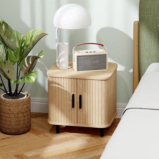 HOMCOM Nightstand with Sliding Doors and Metal Legs Oak Tone