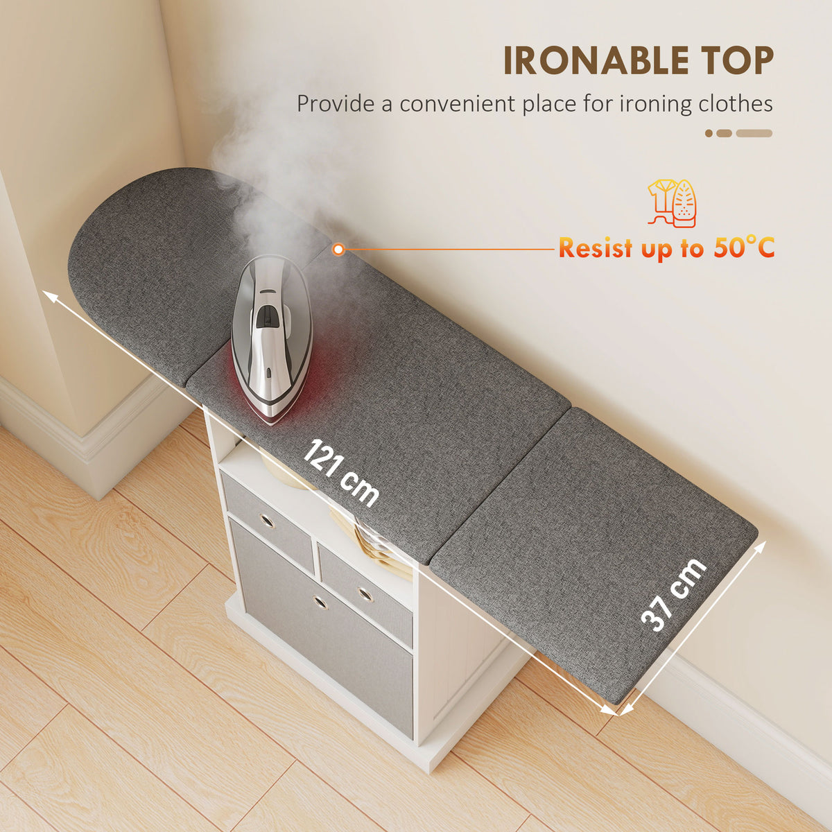 HOMCOM Ironing Board Cabinet on Wheels with Ironable and Foldable Top, Mobile Storage Cabinet with Ironing Board, White