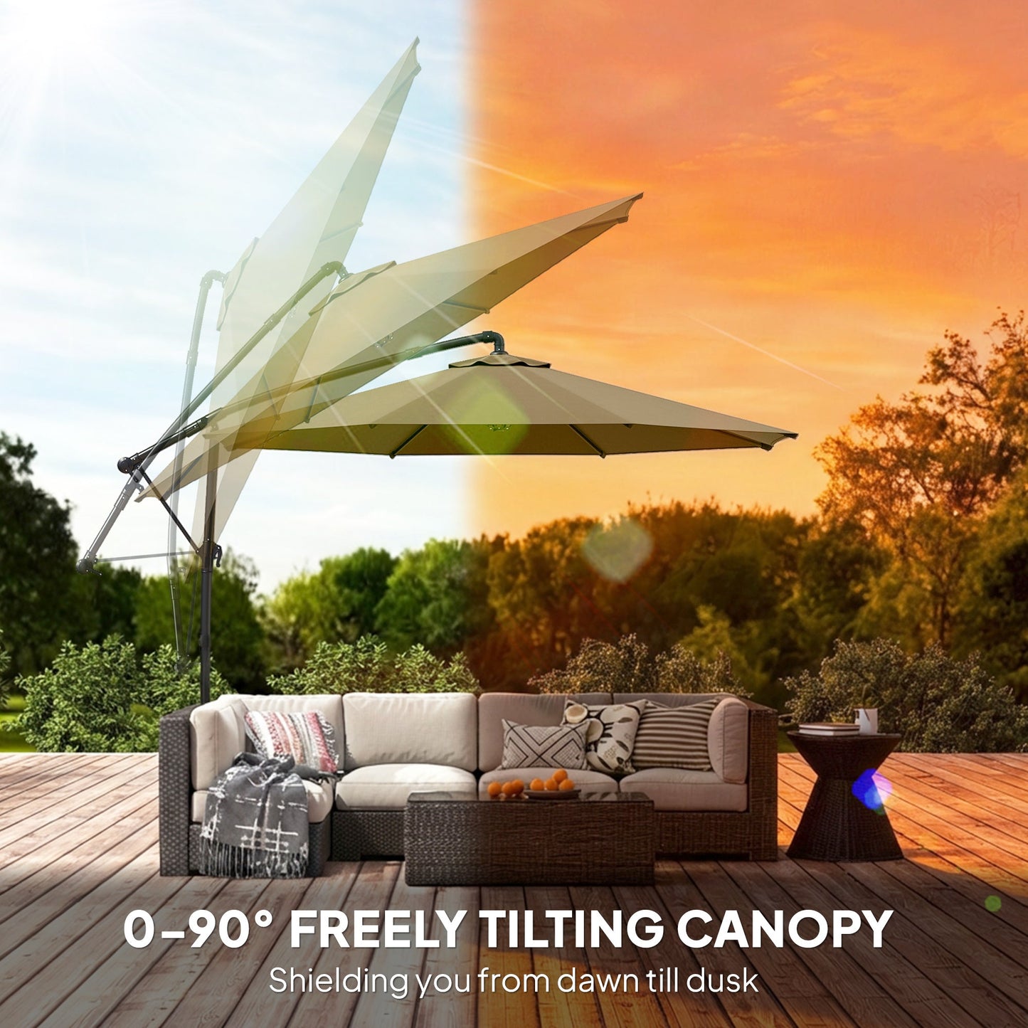 Outsunny 3 m Garden Cantilever Parasol with Cover, Round Overhanging Umbrella with 360 degrees Rotation, Tilt, Khaki