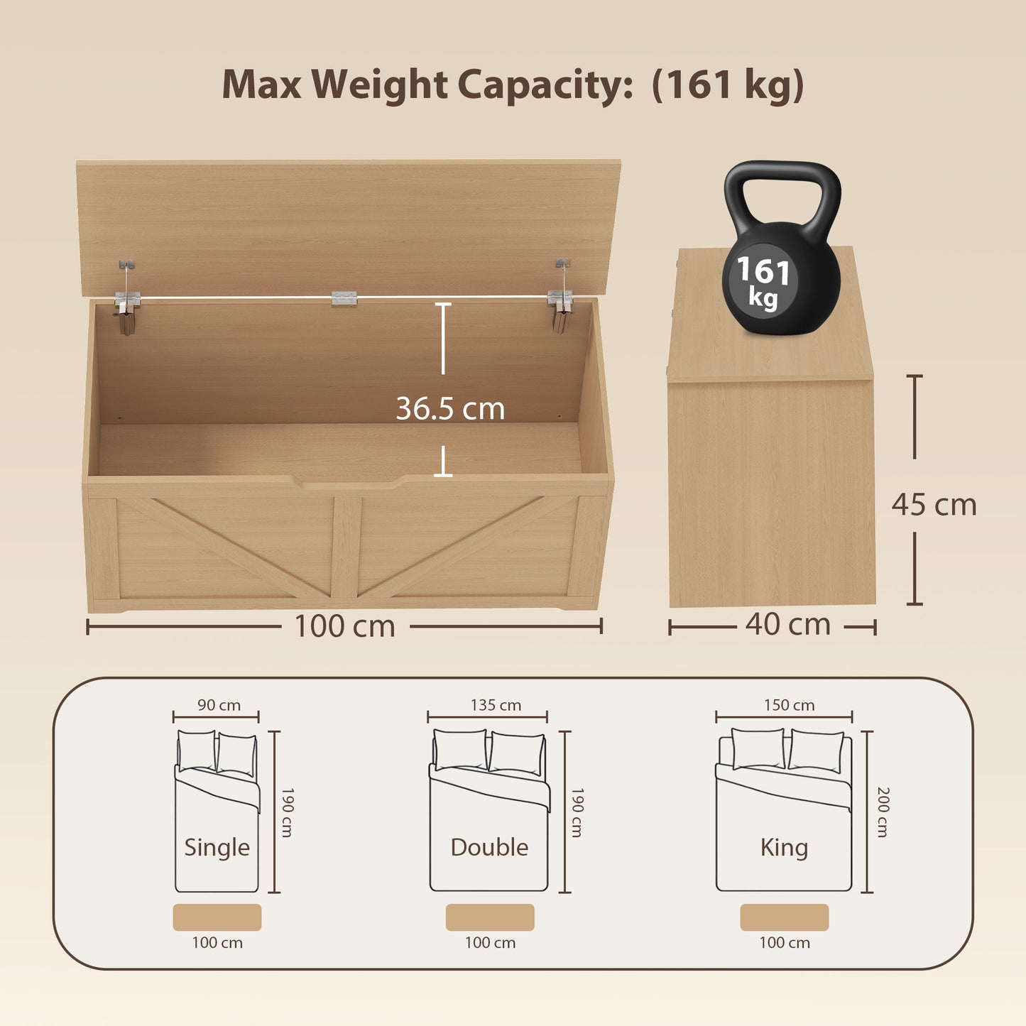 HOMCOM 127L Home Storage Box, with Safety Hinges - Nature Wood Finish