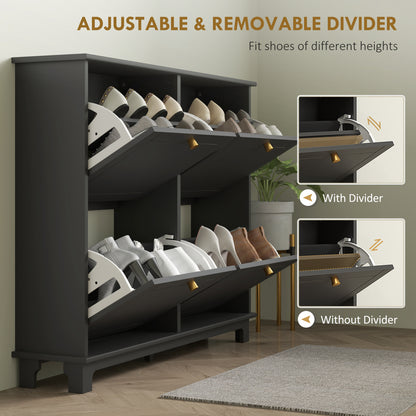 HOMCOM Narrow Shoe Storage Cabinet, Slim Shoe Cabinet with 4 Flip Drawers, Adjustable Shelves for 16 Pairs of Shoes, Black