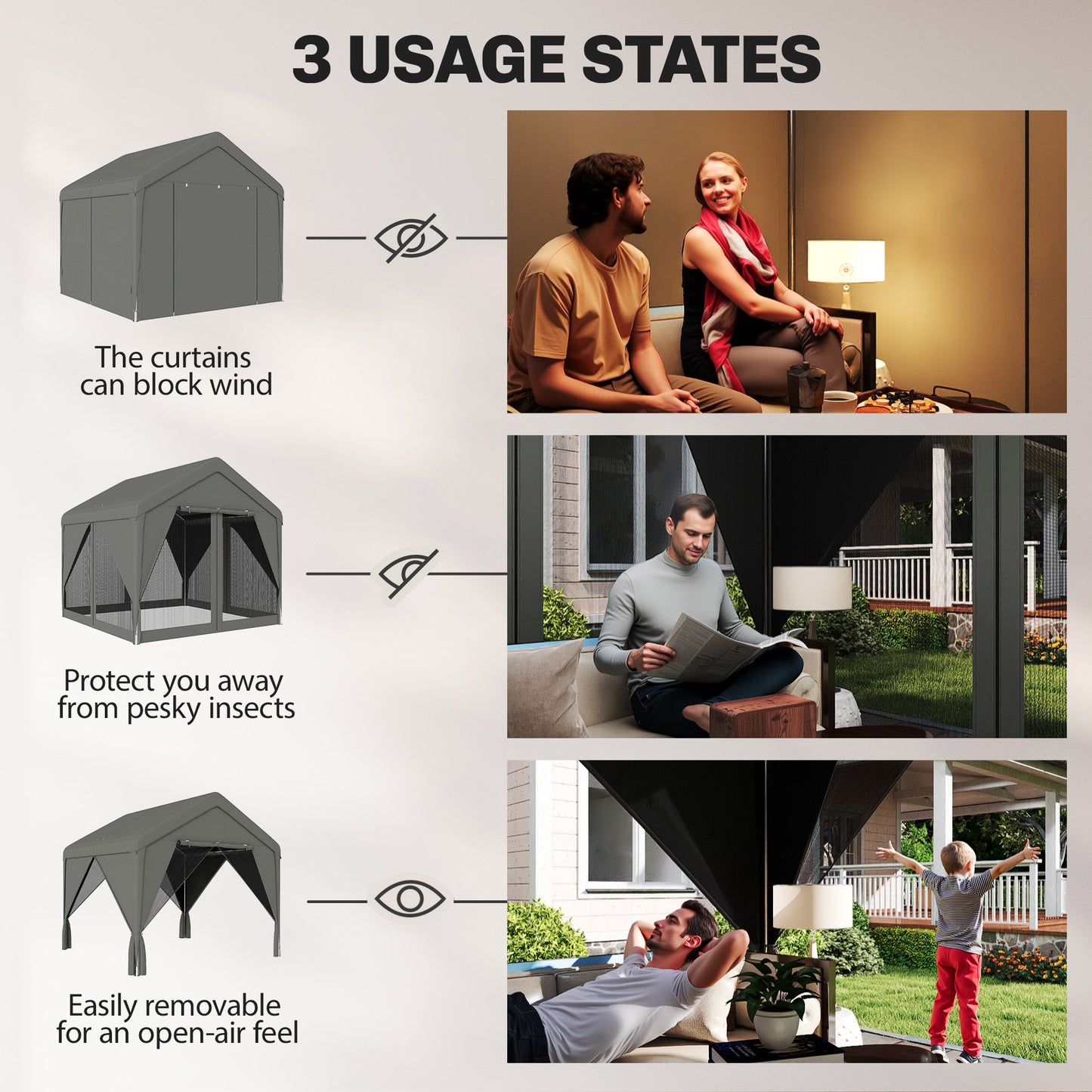 Outsunny 3 x 3 m Patio Gazebo with Netting & Curtains, Outdoor Canopy Shelter with Galvanised Steel Frame, Dark Grey