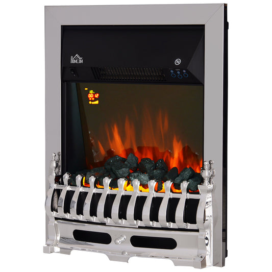 HOMCOM Contemporary Electric Fireplace Coal Burning Flame Effect Inset Fire Place Space Heater Glass View LED Lighting with Remote Control, 1000W/2000W, Silver