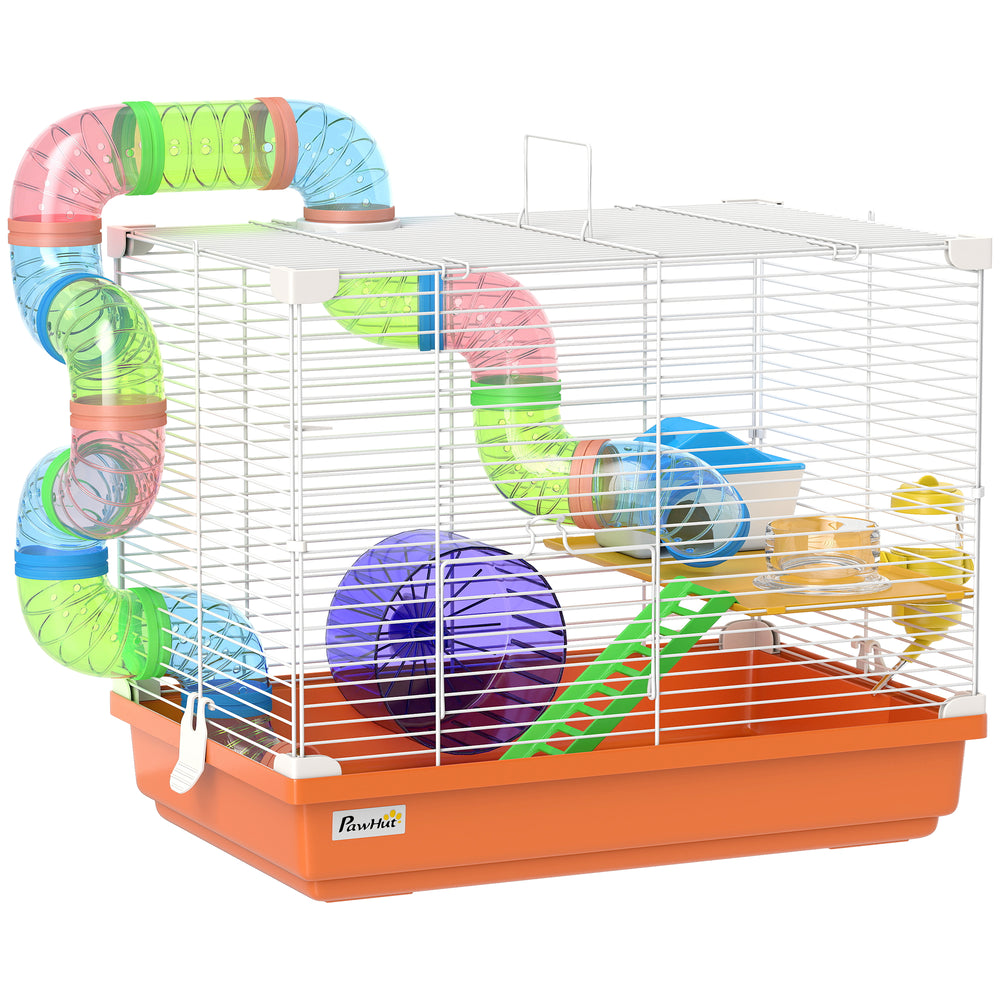 PawHut 2 Tier Hamster Cage, Gerbil Cage with Handle, Exercise Wheels, Tunnel, Water Bottle, Dishes, Ladder, for Dwarf