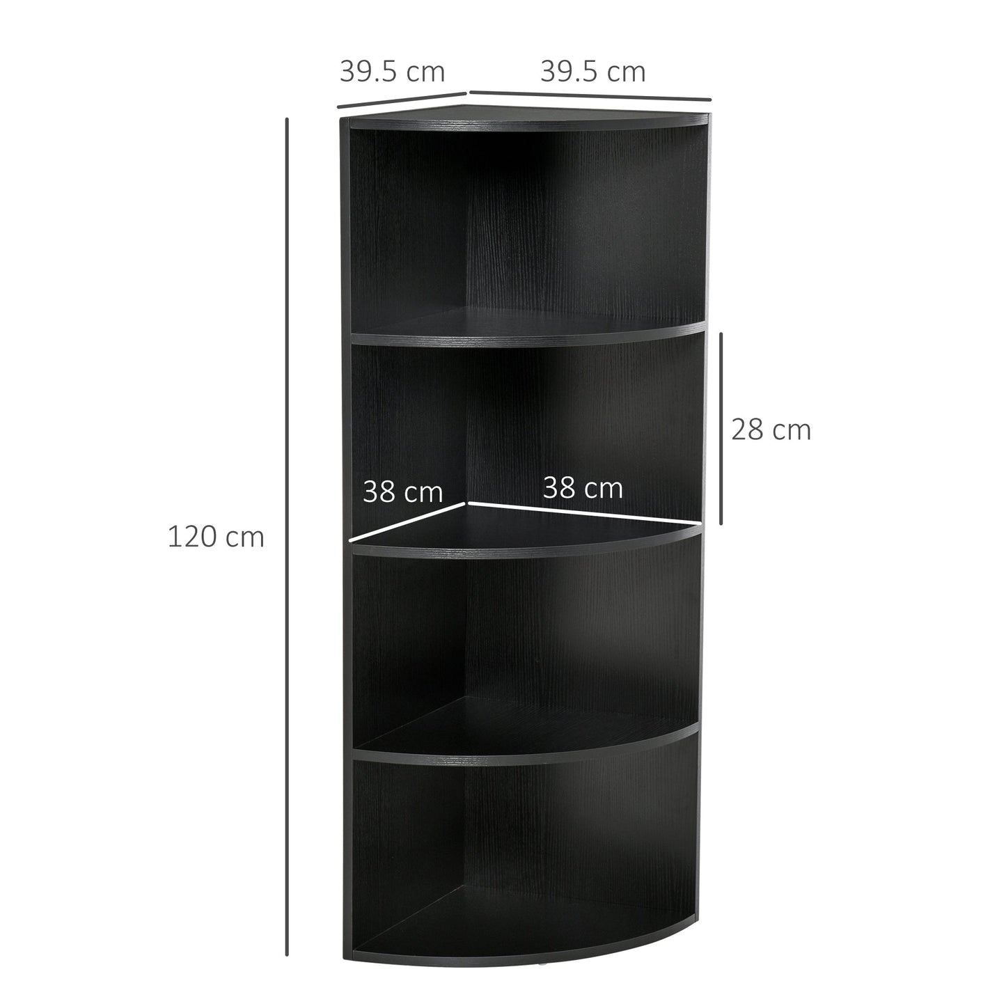 HOMCOM 4-Tier Corner Open Shelf Bookcase Freestanding Fan Bookshelf Plants Stand, 40x40x120cm, Black