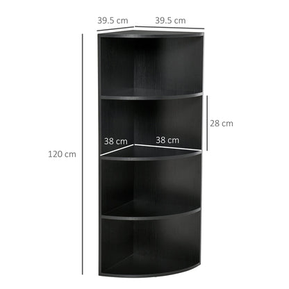 HOMCOM 4-Tier Corner Open Shelf Bookcase Freestanding Fan Bookshelf Plants Stand, 40x40x120cm, Black