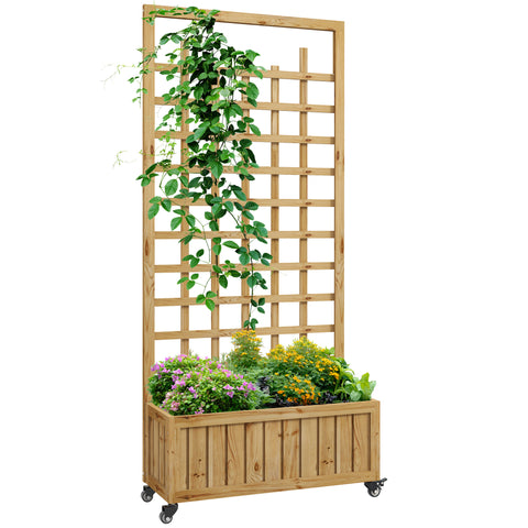 Outsunny Wooden Trellis Planter, Raised Garden Bed with Wheels and Bed Liner, to Climb and Grow Vegetables, Herbs and Flowers