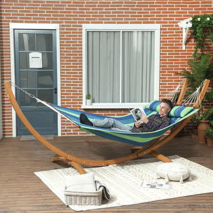 Outsunny Outdoor Hammock with Stand, Garden Hammock with Triple-Head Eucalyptus Wood Arc Frame, 1 Person Cotton Bed and Head Pillow, Freestanding Garden Swing Bed for Patio, Blue Stripe