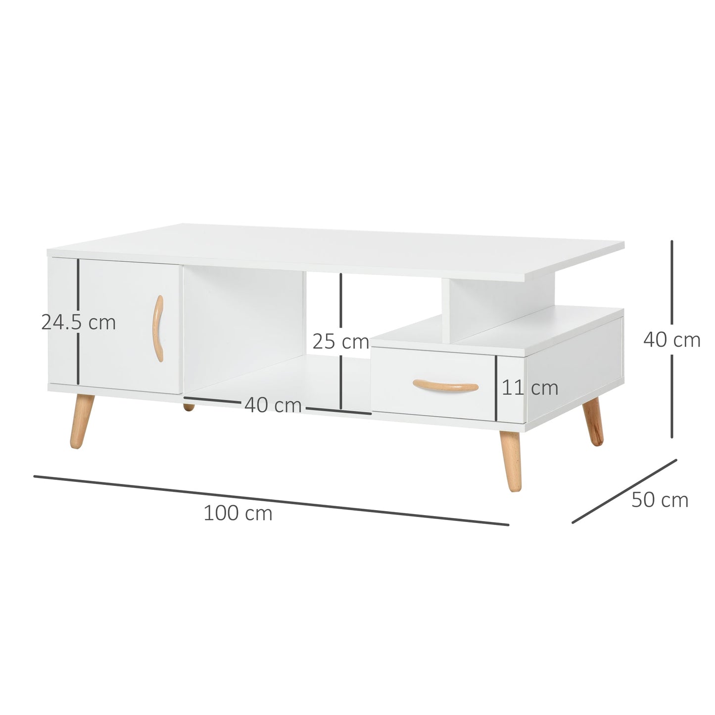 Retro Style Minimalism Coffee Sofa Side Table with Storage with Shelf & Drawer for Living Room Reception Room, White