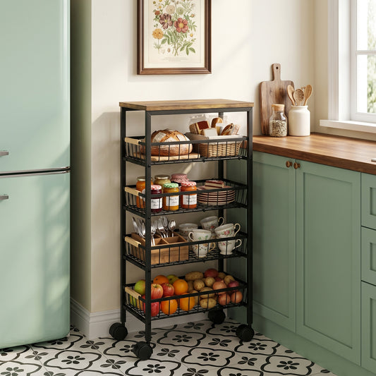 HOMCOM Metal Kitchen Trolley, 4-Tier Storage Trolley with Pull-Out Baskets and 4 Swivel Casters for Kitchen, Rustic Brown
