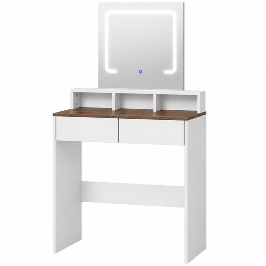 HOMCOM Vanity Table, Dressing Table with Mirror, LED Lights, 2 Drawers, 3 Compartments, 3 Colour Lighting, Walnut