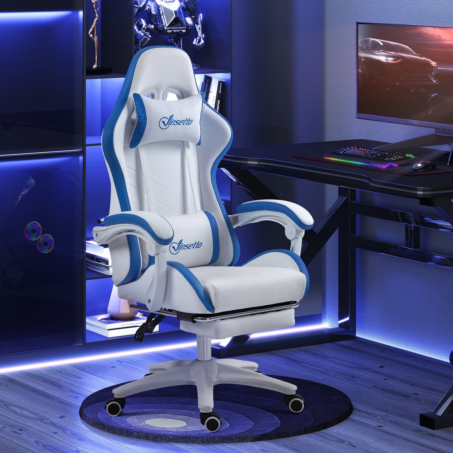 Vinsetto Computer Gaming Chair, PU Leather Office Desk Chair with Footrest, Swivel Wheels, 135  Reclining Back, Lumbar Support, Headrest for Home, White and Blue