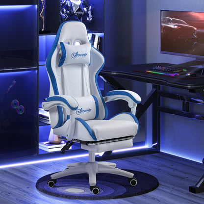 Vinsetto Computer Gaming Chair, PU Leather Office Desk Chair with Footrest, Swivel Wheels, 135  Reclining Back, Lumbar Support, Headrest for Home, White and Blue