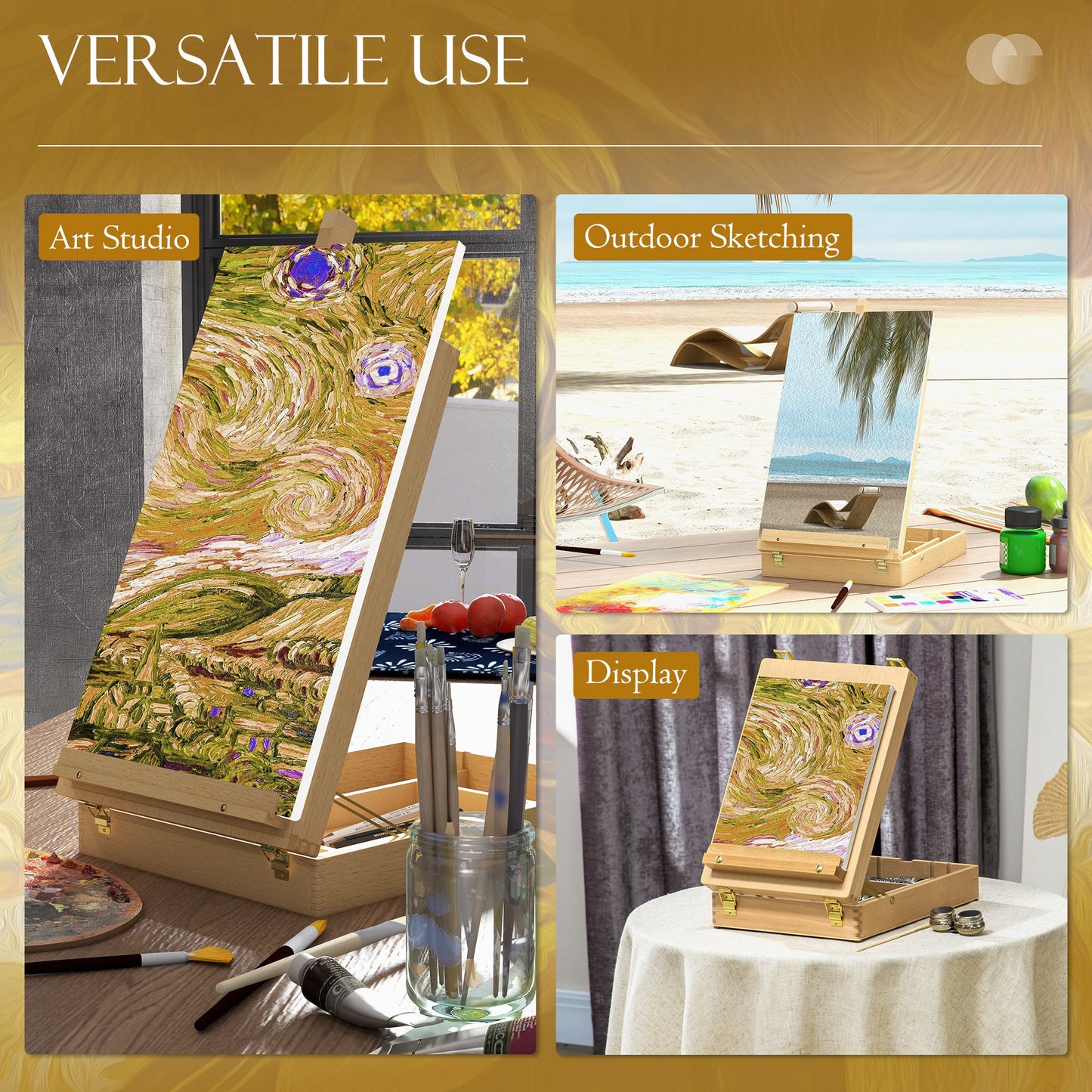 Vinsetto Wooden Table Easel Box Hold Canvas up to 61cm, Adjustable Beechwood Storage Table Box Easel, Portable Folding Artist Drawing & Sketching