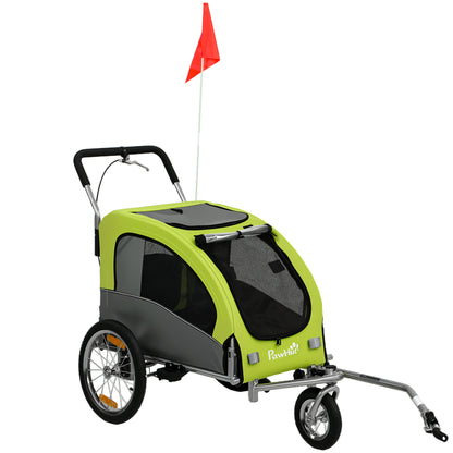 PawHut 2 in 1 Dog Bike Trailer, Foldable Pet Stroller, Dog Bicycle Trailer with Suspension, for Medium Dogs up to 20kg, Green